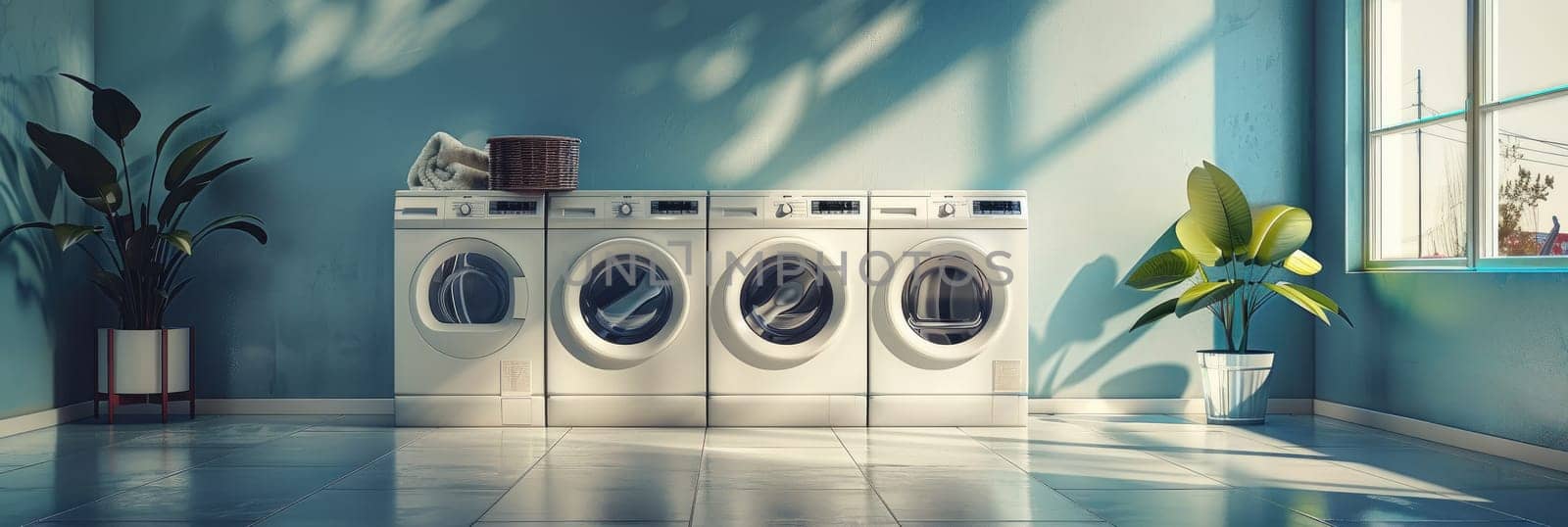 A large room with many white washers and dryers by AI generated image by wichayada