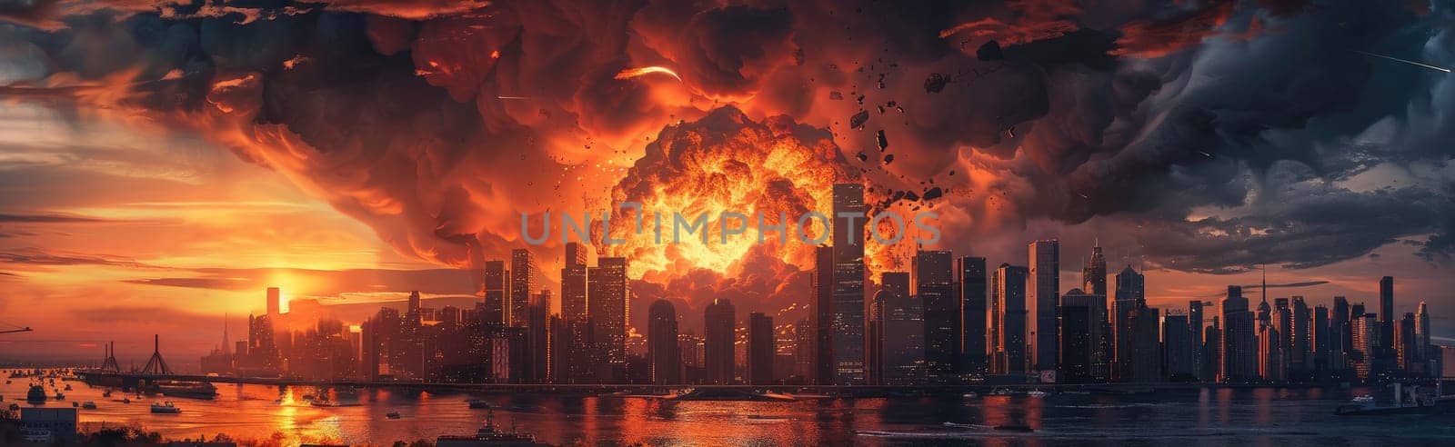 A city is shown with a large explosion in the sky by AI generated image by wichayada