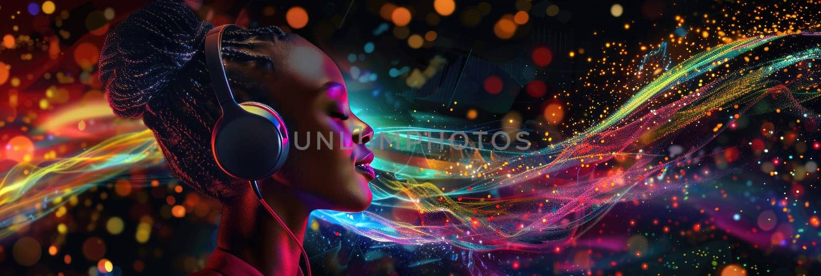 A woman wearing headphones is surrounded by colorful sparks by AI generated image.