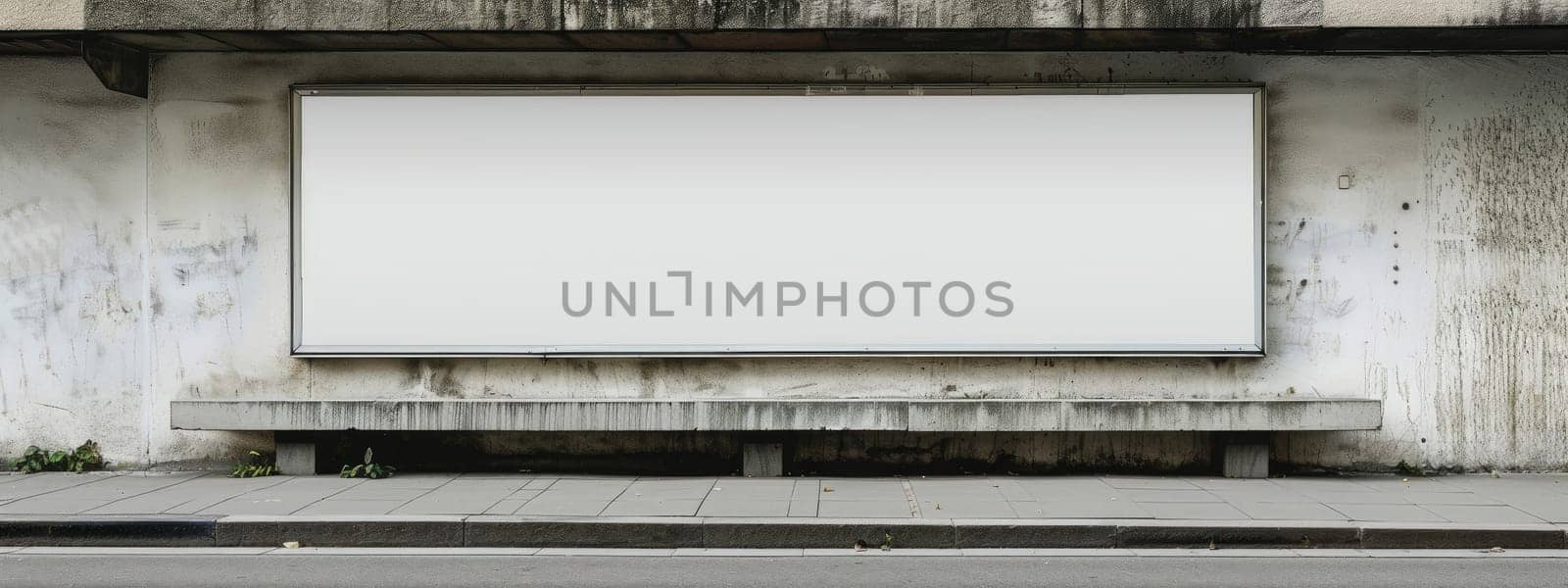 A white billboard sits on a concrete wall with a bench underneath it by AI generated image.