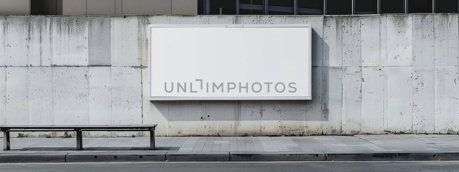 A white billboard sits on a concrete wall with a bench underneath it by AI generated image.
