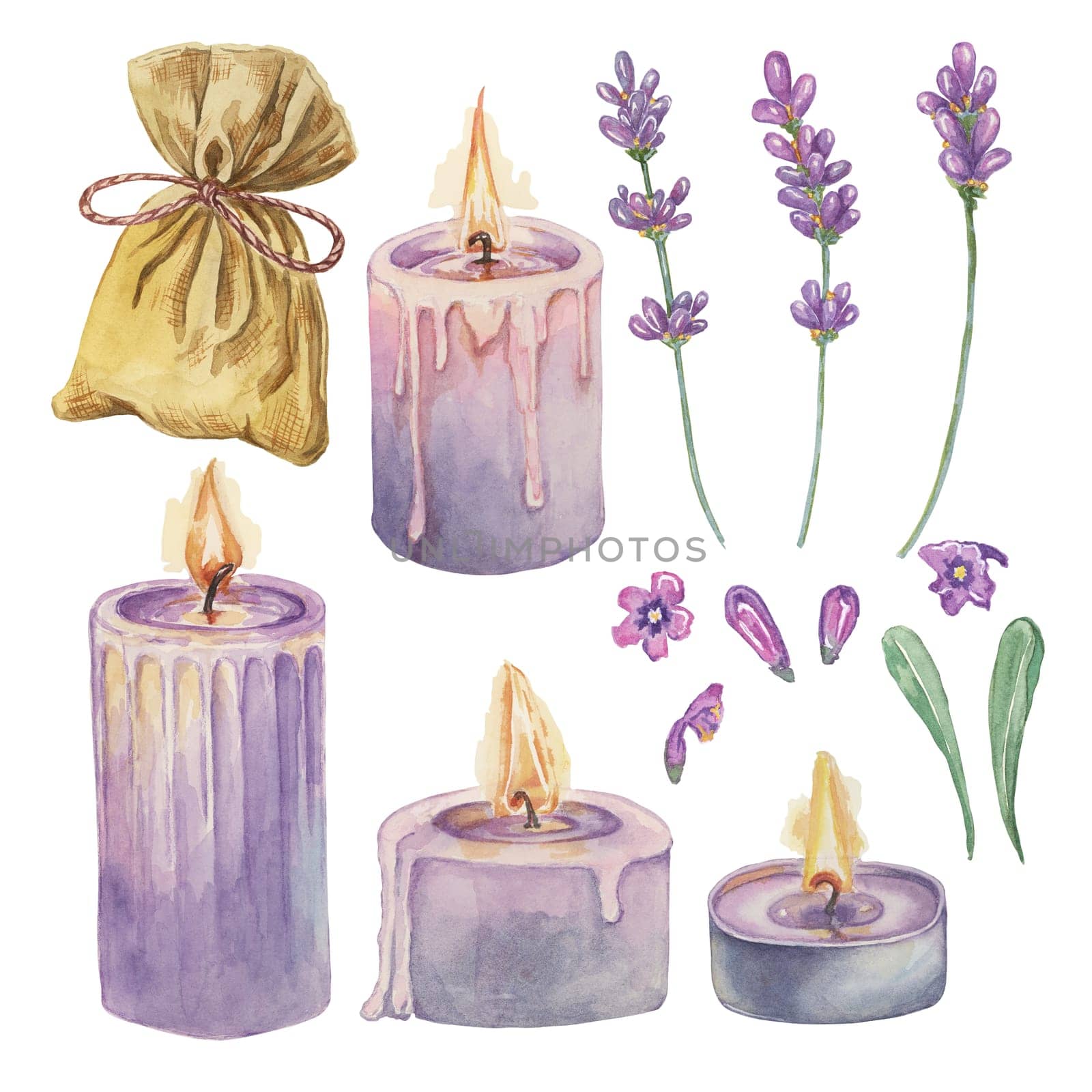Lavender aromatherapy set with lilac candles, flowers and sachet for home fragrance. Home spa fragrance watercolor illustration. Clipart bundle of organic beauty, cosmetic, store label elements