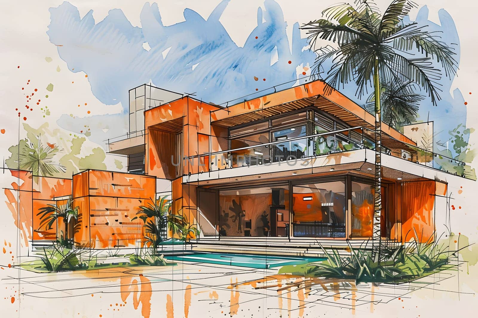 A vibrant watercolor painting of a contemporary house featuring a pool and palm trees, under a colorful sky with fluffy clouds, creating a serene natural landscape