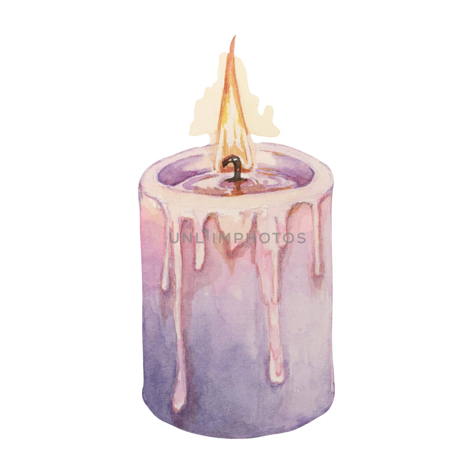 Lavender natural wax candle for home fragrance. Home spa aromatherapy relaxing watercolor illustration. Hand drawn clipart for beauty, cosmetics, labels, organic products, wellness and packaging