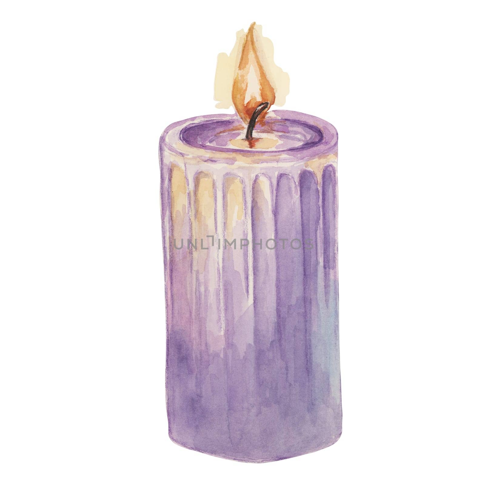 Purple wax candle for home fragrance. Home spa, lavender perfume, aromatherapy watercolor illustration. Hand drawn clipart for beauty, cosmetics, labels design, organic products, wellness, packaging