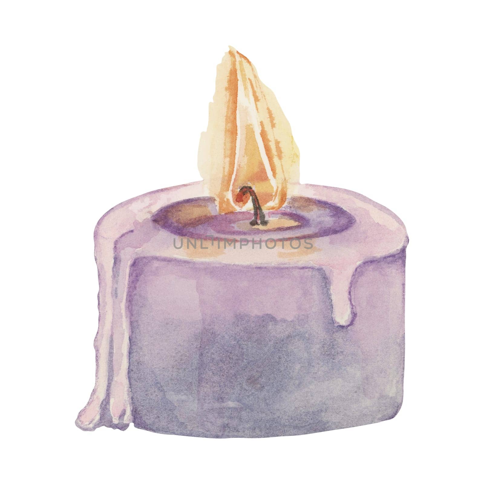 Lavender melting lilac wax candle for home fragrance. Home spa aromatherapy watercolor illustration. Hand drawn clipart for beauty, cosmetics, labels design, organic products, wellness, packaging