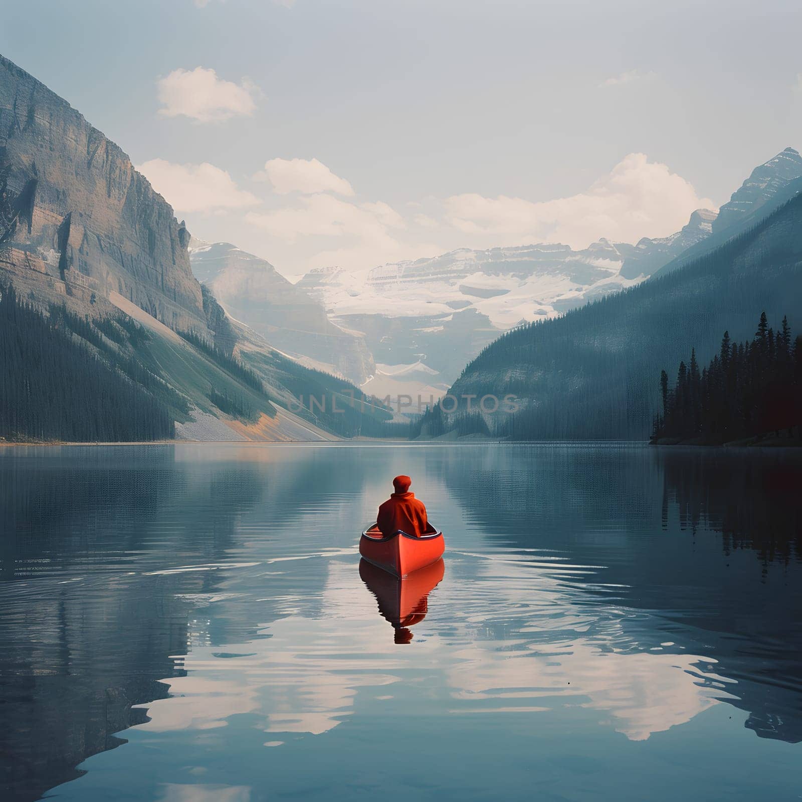 A man in a red canoe peacefully floats on a glacial lake, surrounded by majestic mountains under a sky filled with fluffy clouds. A breathtaking natural landscape perfect for travel and exploration