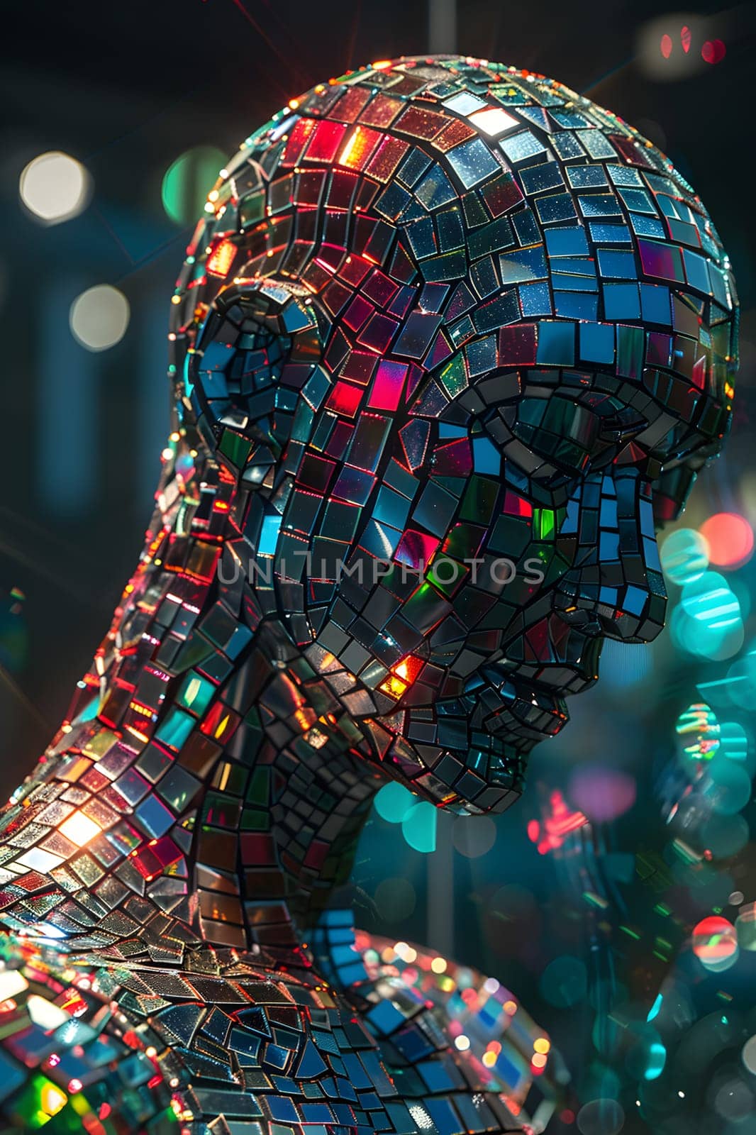 A stunning mosaic sculpture of a persons head and torso, featuring intricate patterns in electric blue glass. An elegant fashion accessory for any art lover