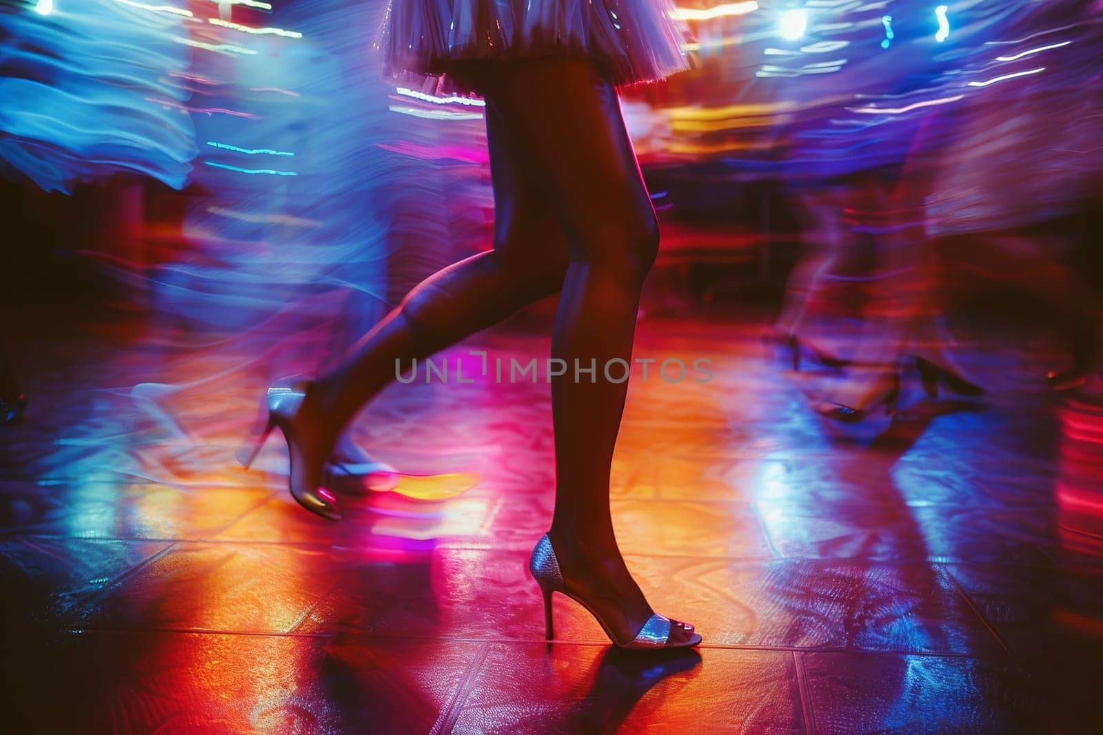 A woman in a red dress is dancing on a floor with other people. The image has a lively and energetic mood, as the woman is moving her legs and the other people are also dancing