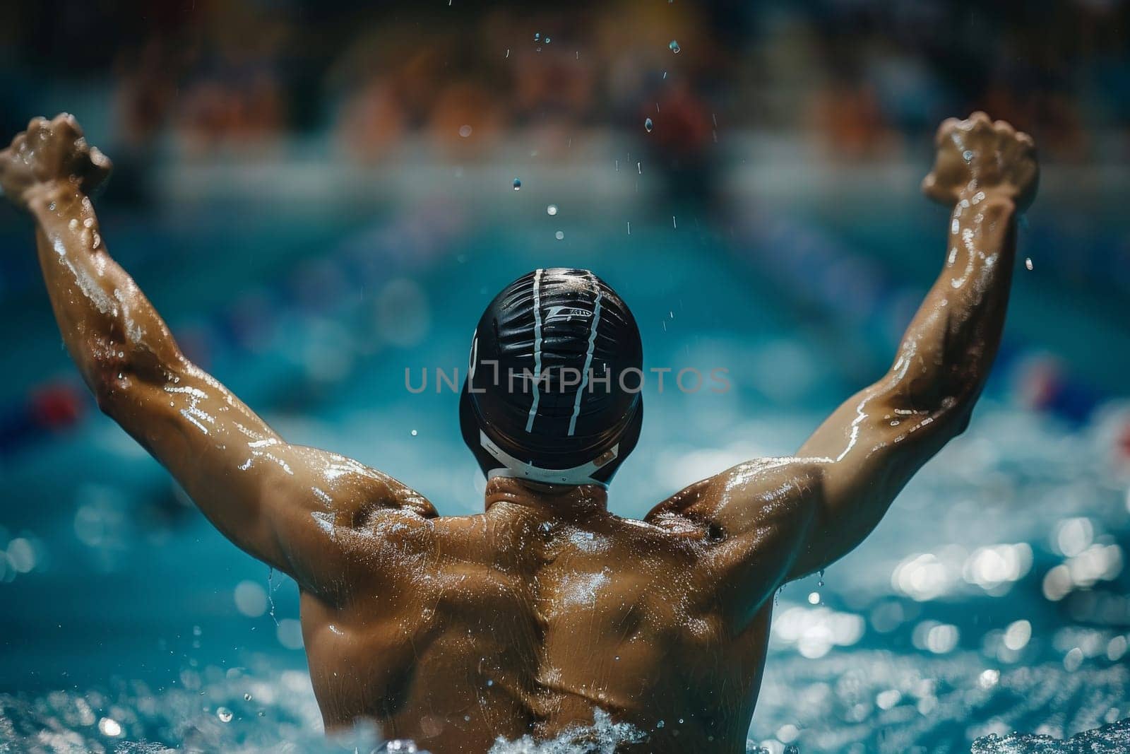 A man is swimming in a pool and is celebrating his victory. The water is blue and the man is wearing a white cap