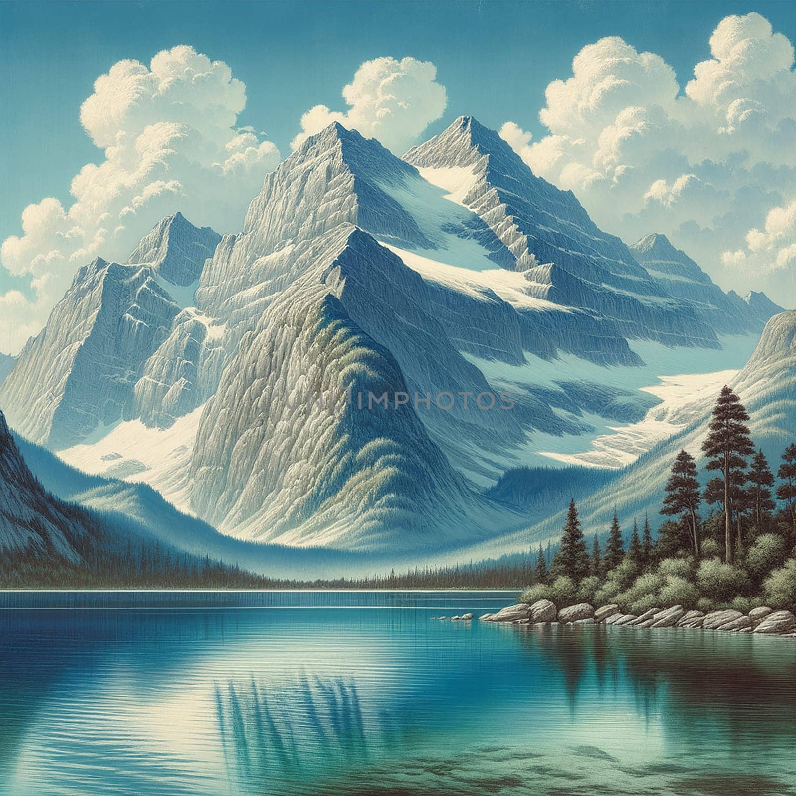 Mountain Majesty: A Tranquil Lake Painting" by Petrichor