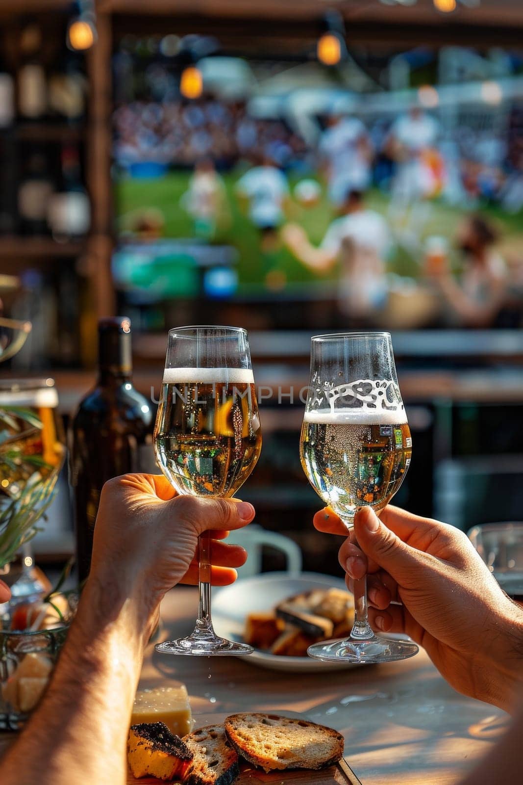 Group of Sport fans are holding up their champagne glasses to celebrate while team winning.