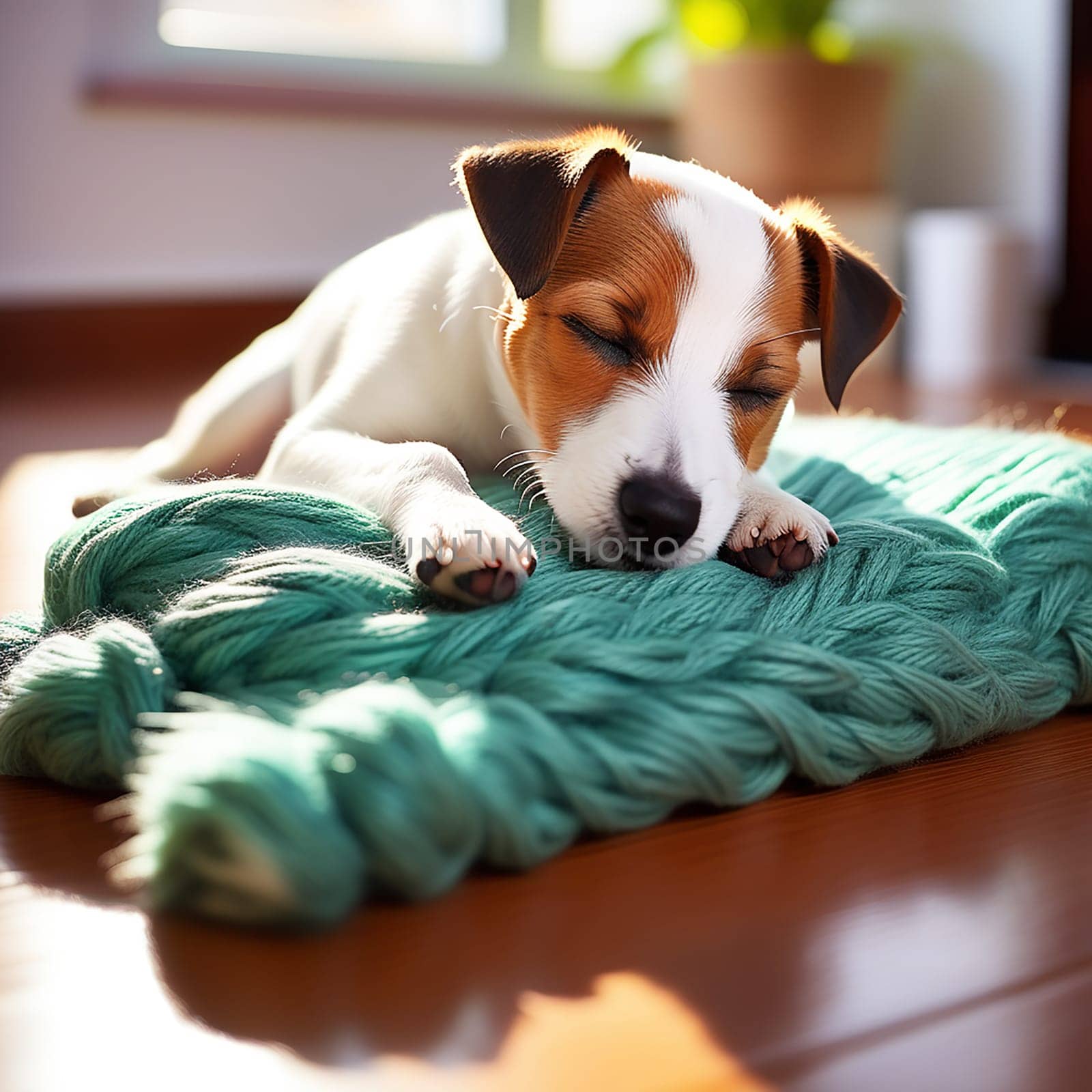 Sunny Day Snooze: Jack Russell Terrier Sleeping on Turquoise Knitted Plaid