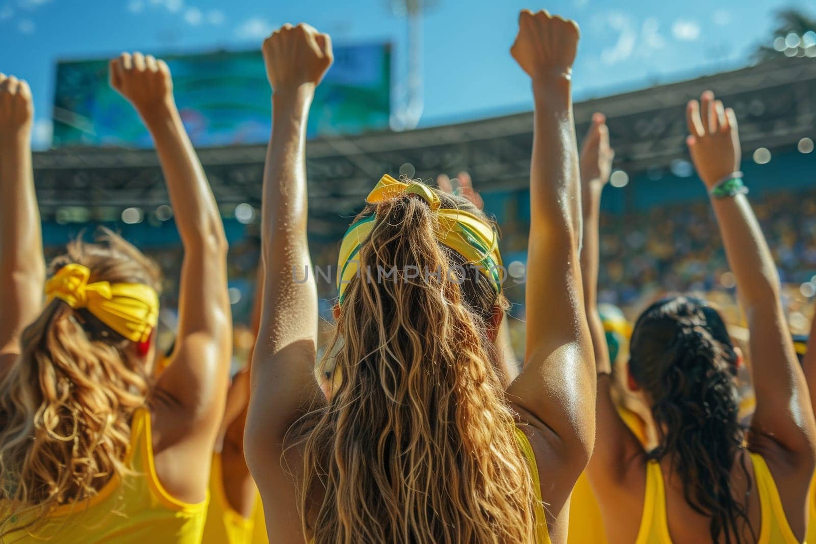 A group of sport fans cheering a sport match.