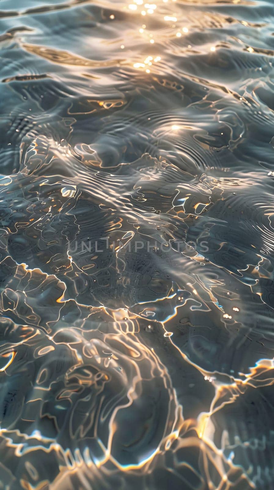 The water is reflecting the sun's rays, creating a beautiful and serene scene. The water is calm and still, with ripples forming around the rocks