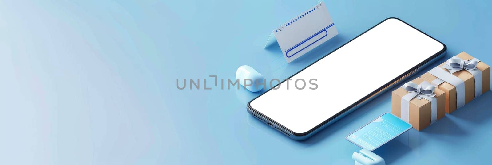 A cell phone is on a blue background with a box and a piece of paper by AI generated image by wichayada