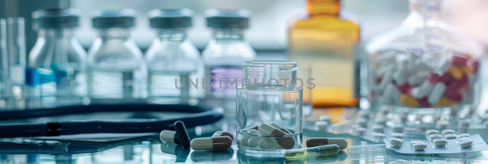 A table with a glass jar of pills and other pills on it by AI generated image by wichayada