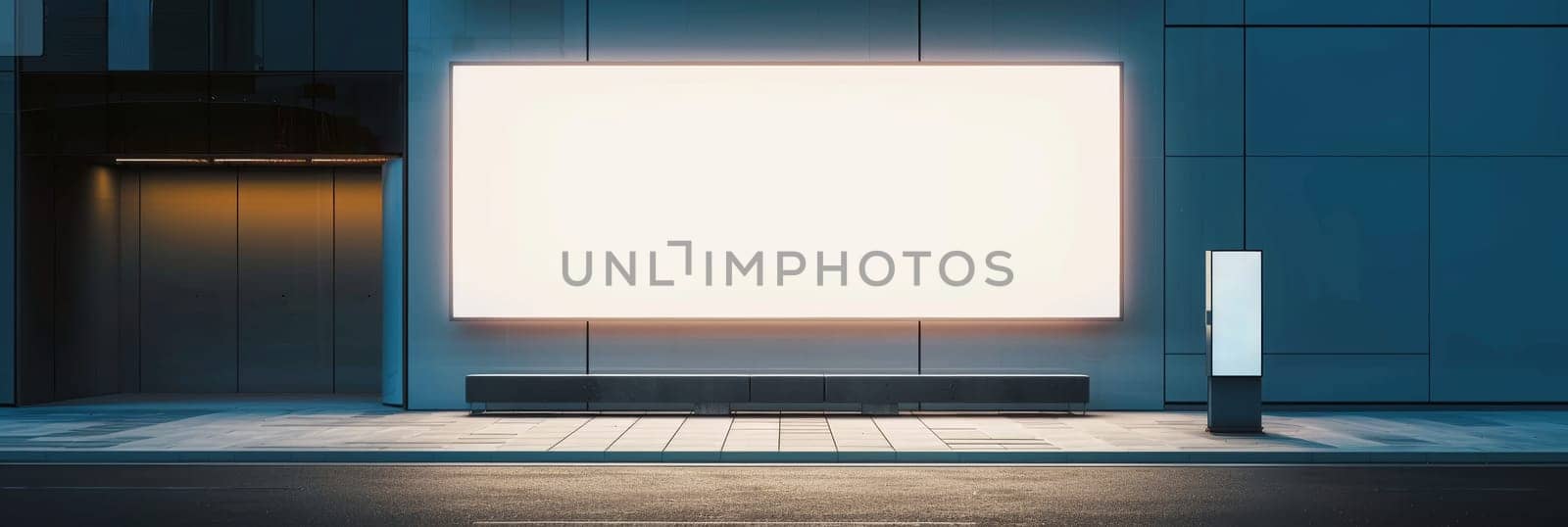 A large white billboard sits on a sidewalk next to a bench by AI generated image.