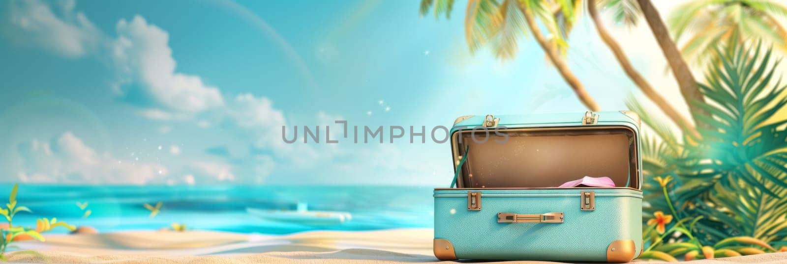 A blue suitcase is on the beach next to the ocean by AI generated image by wichayada