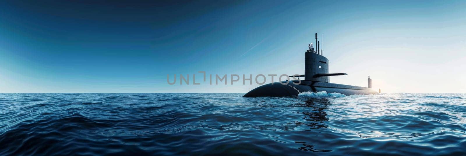 A submarine is in the ocean with the sun shining on it by AI generated image.