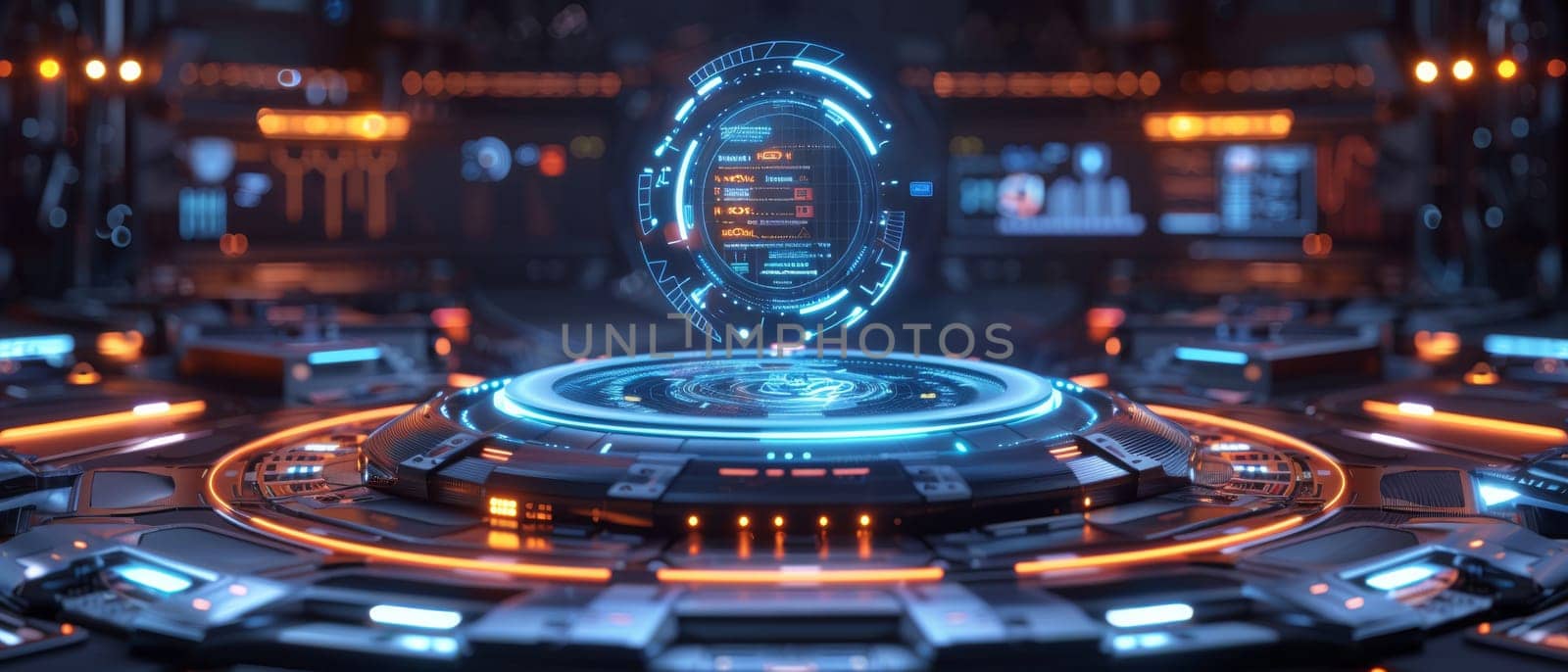 A futuristic scene with a glowing orb in the center by AI generated image by wichayada