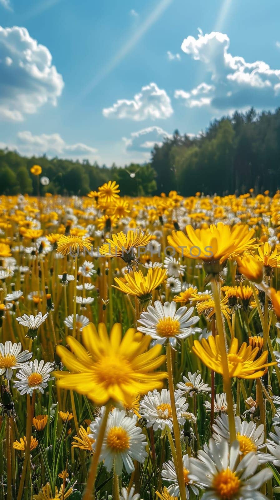 A field of yellow and white flowers with a blue sky in the background by itchaznong