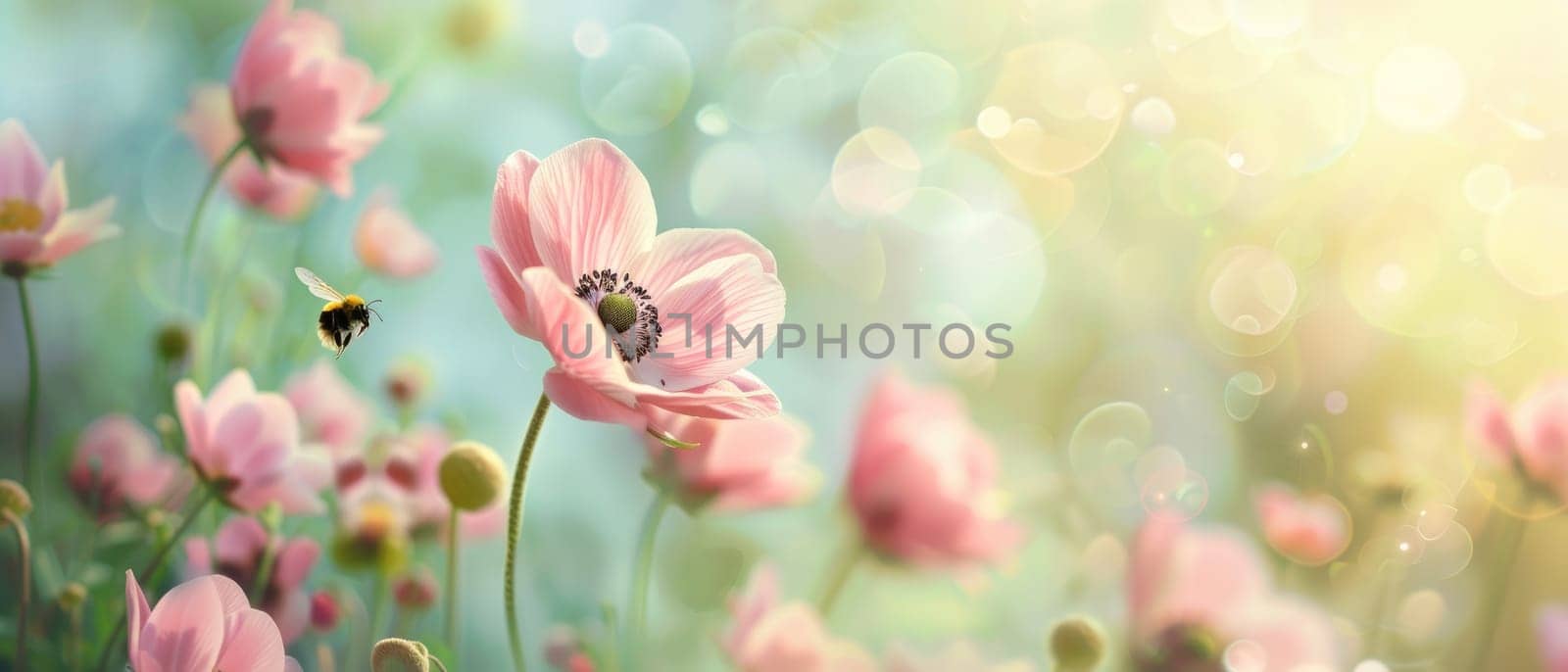 A field of pink flowers with a bee flying over them by AI generated image.