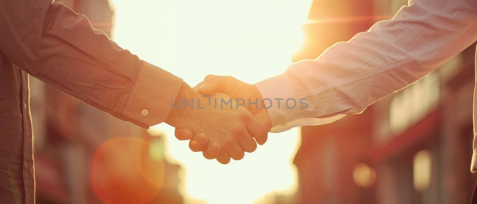 Two men shake hands in a business meeting by AI generated image.