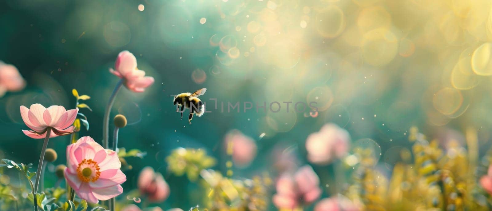 A field of pink flowers with a bee flying over them by AI generated image by wichayada