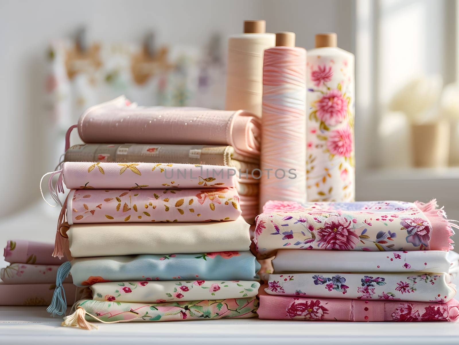 A variety of rectangle rolls of fabric in shades of pink, magenta, and peach are stacked on a wood table, creating a colorful display of linens for fashion accessories