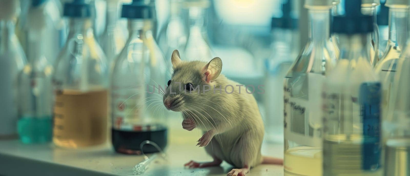 A small white mouse is sitting on a counter next to several bottles by AI generated image.