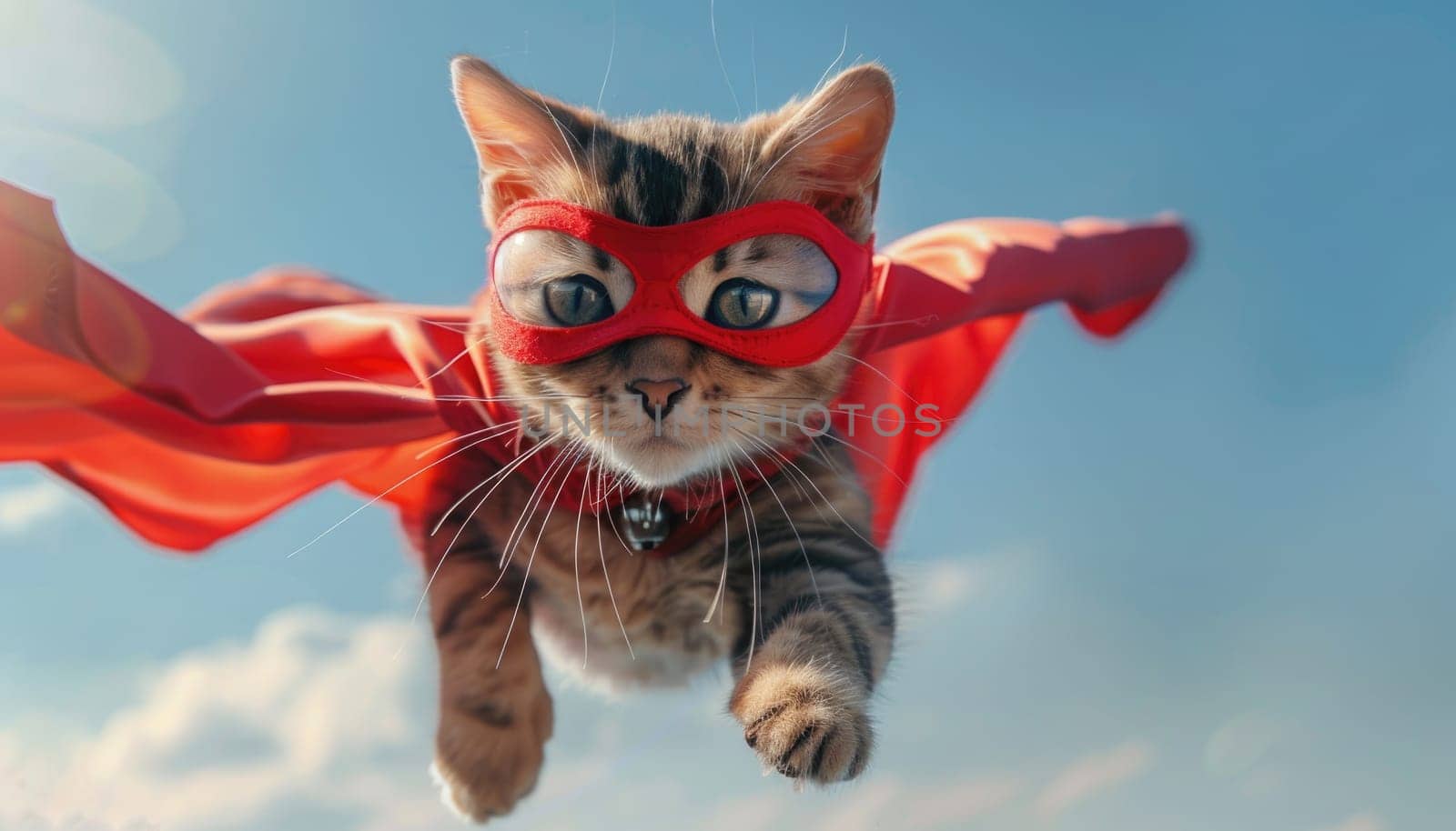 A cat wearing a red superhero costume is flying through the air by AI generated image.