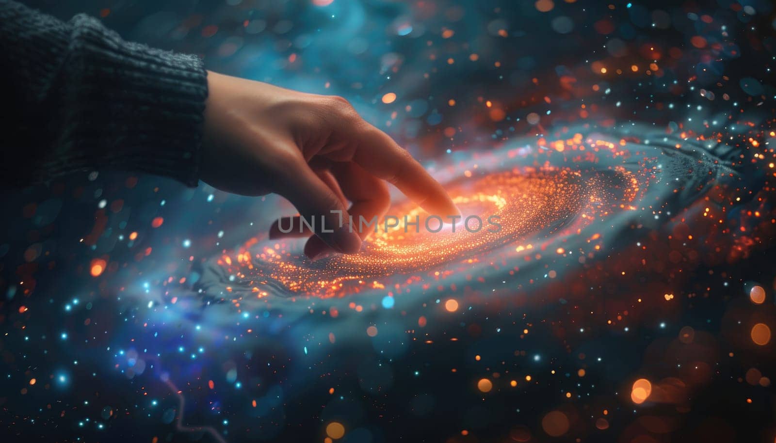 A hand is reaching out into a galaxy of stars by AI generated image by wichayada