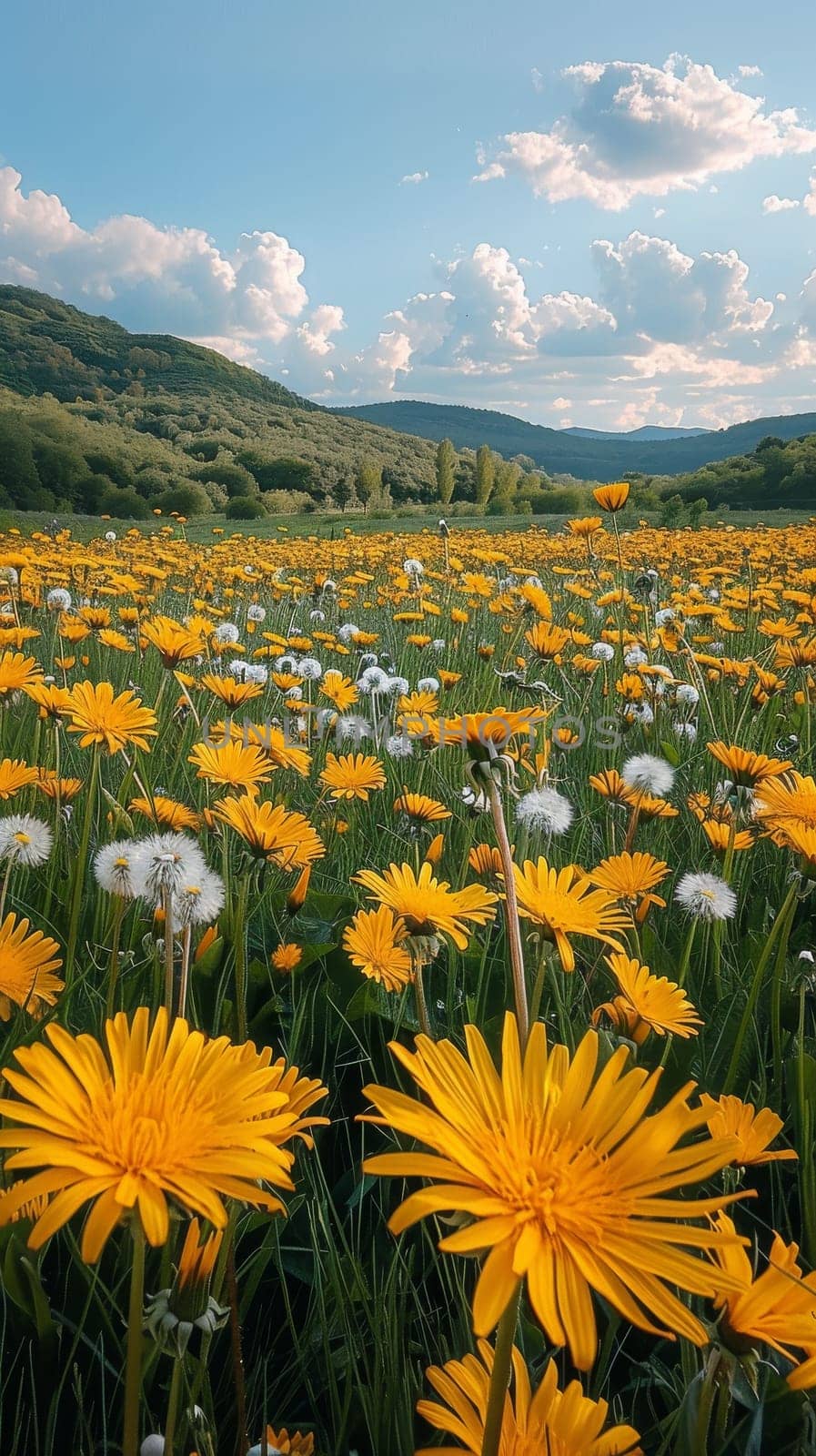 A field of yellow and white flowers with a blue sky in the background.