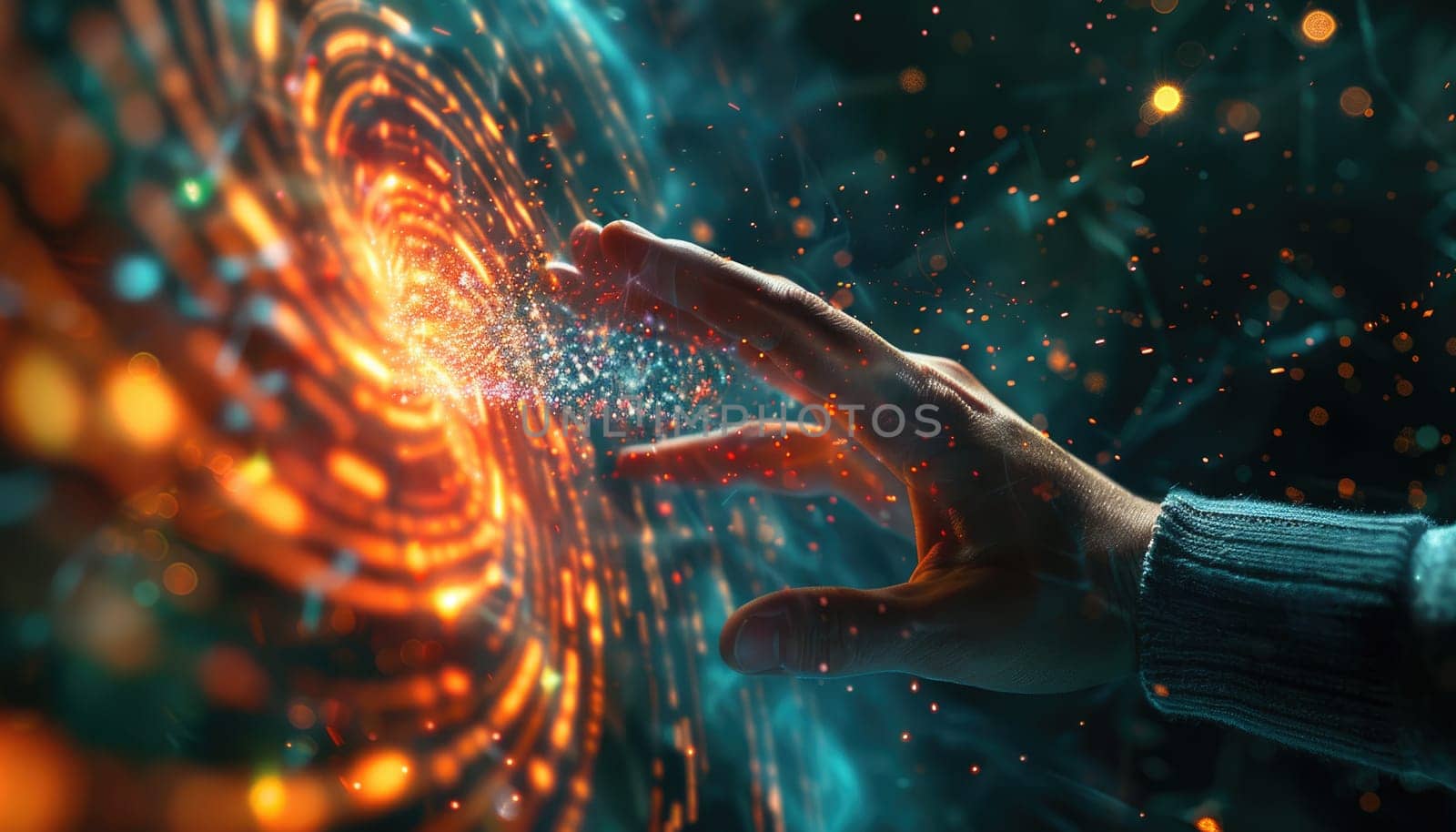 A hand is reaching out into a galaxy of stars by AI generated image by wichayada