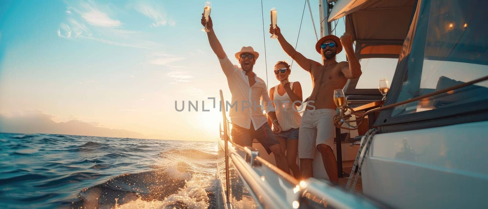 A group of people are on a boat, celebrating and enjoying the sunset by AI generated image by wichayada