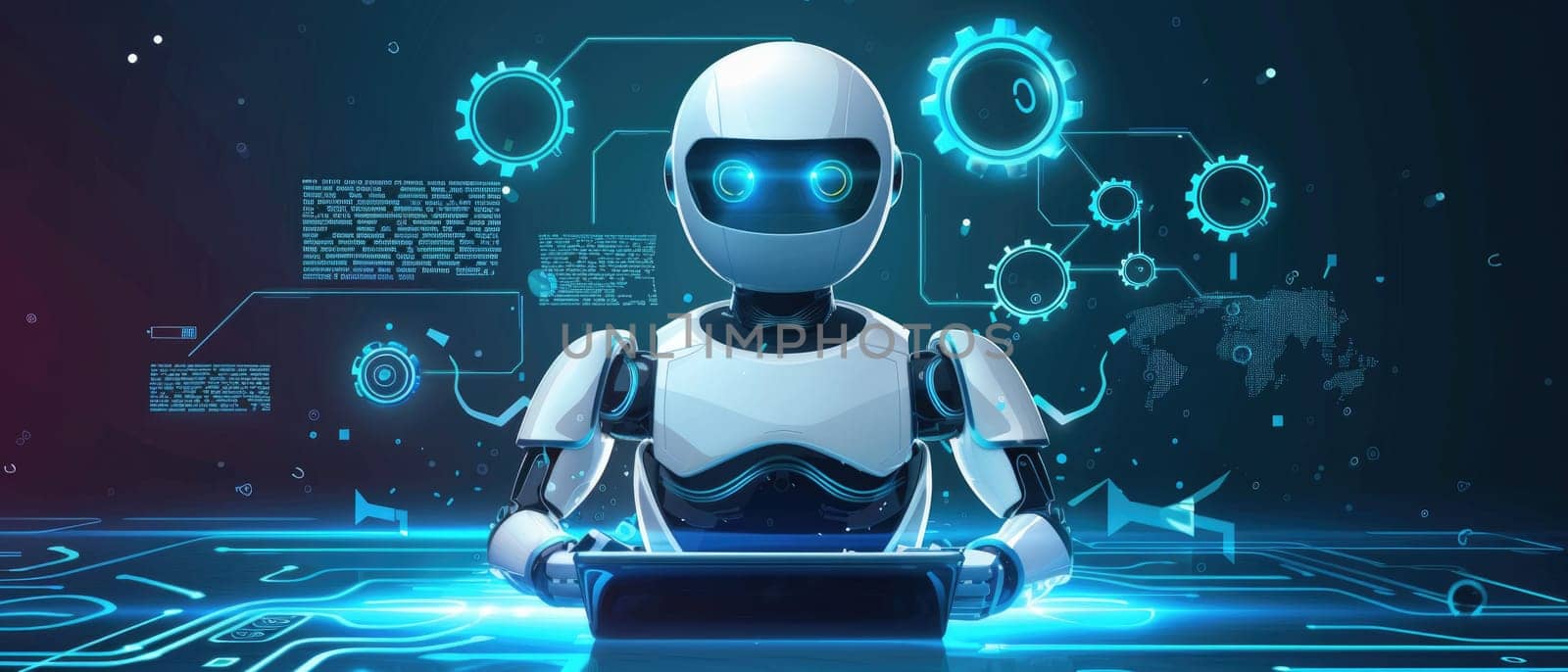 A robot is sitting in front of a laptop computer by AI generated image by wichayada