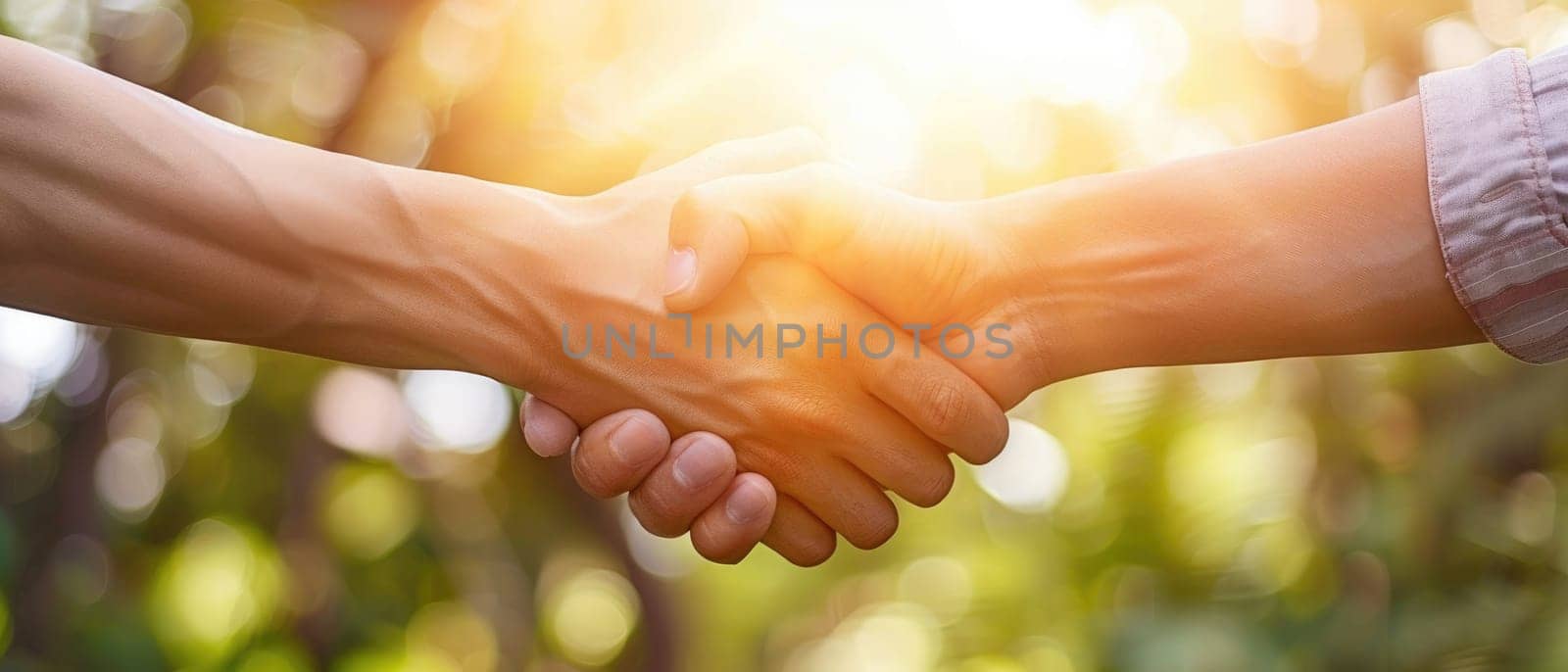 Two men shake hands in a business meeting by AI generated image.