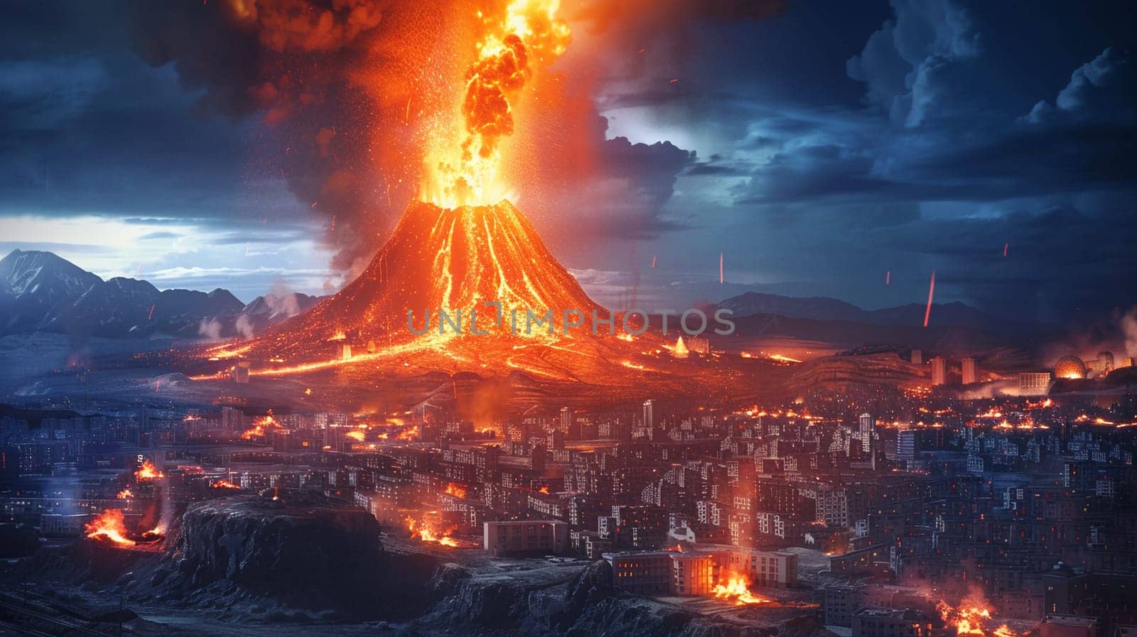 Majestic volcano eruption dominates skyline above densely populated cityscape, showing nature's fury against a human settlement.