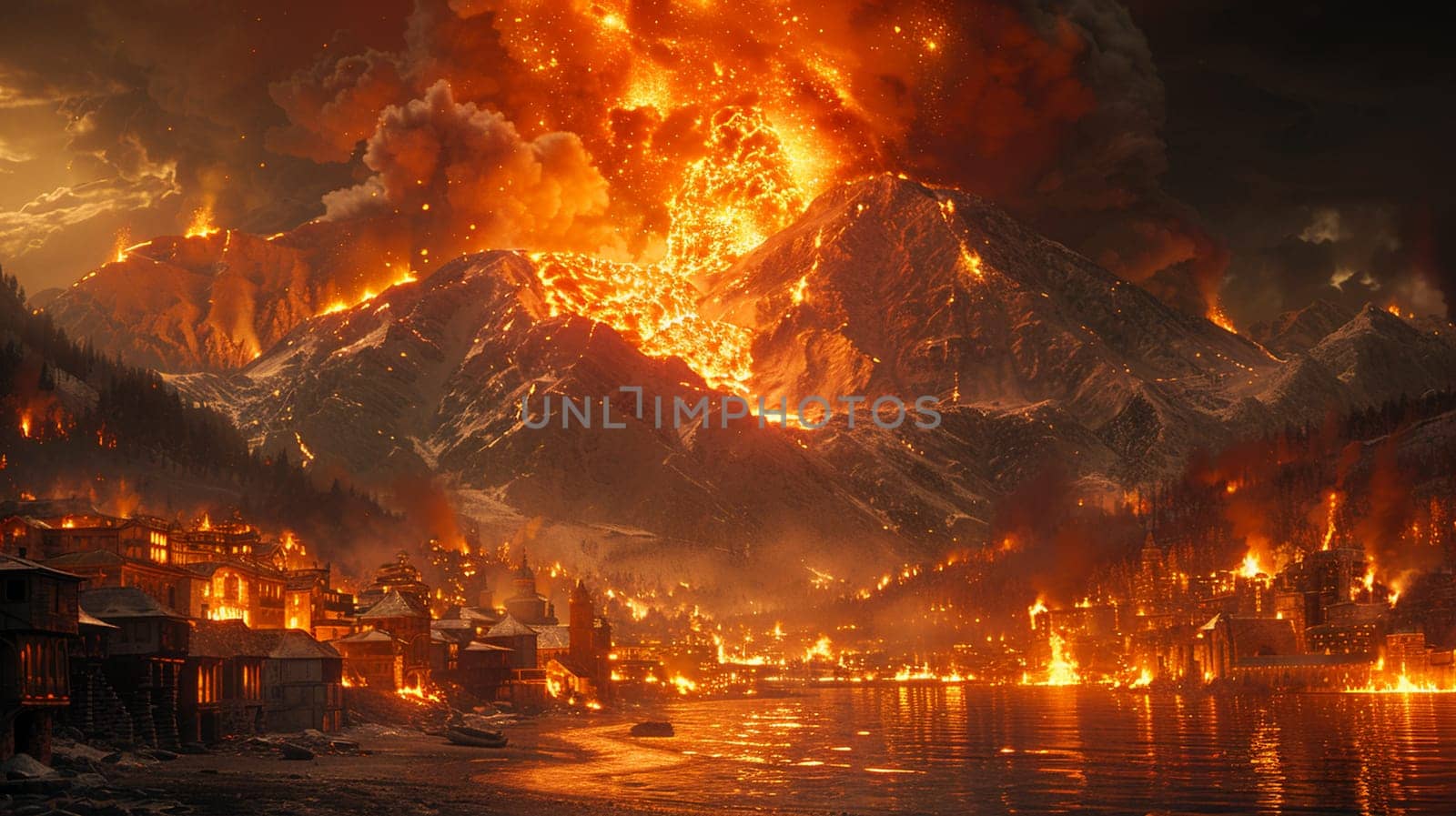 Majestic night view of volcanic eruption: sky ablaze above buildings, reflecting devastating natural disaster