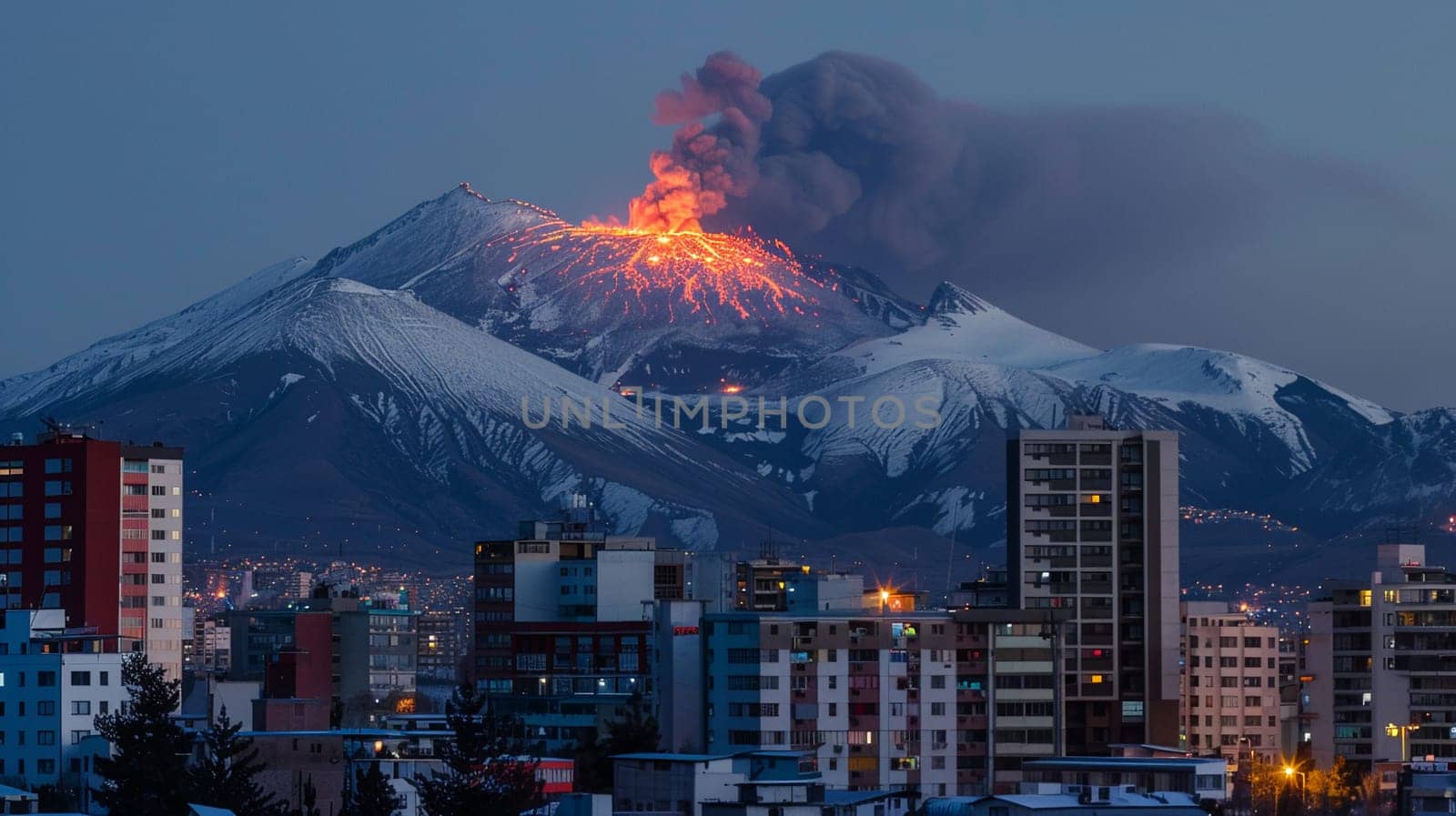 City life persists under the threat of a fiery volcanic eruption in snow-covered mountains during twilight