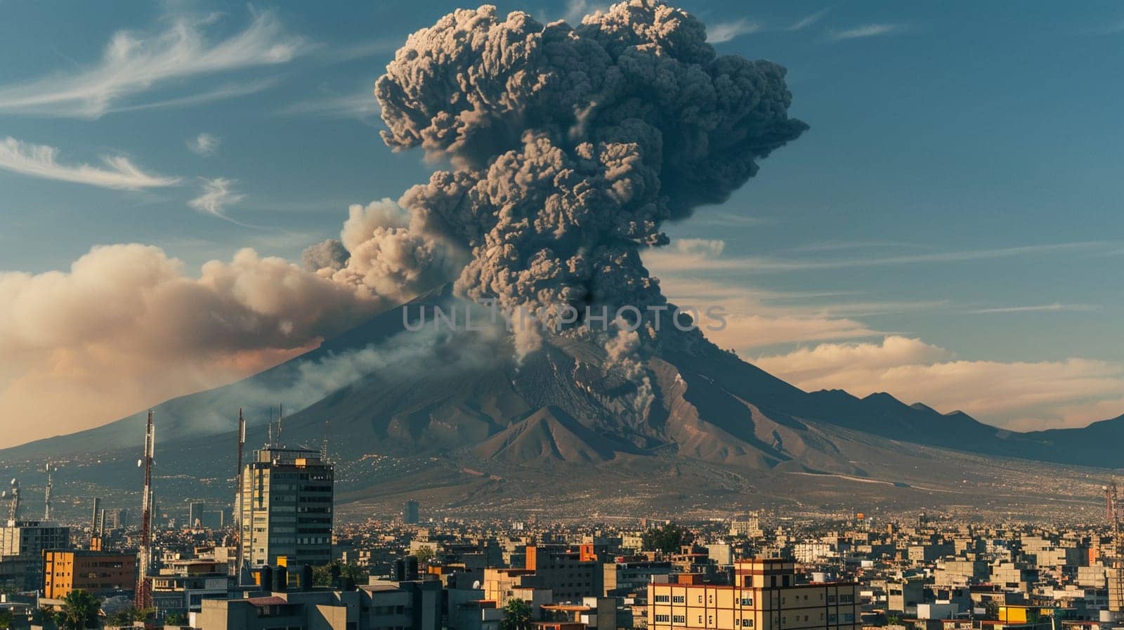Majestic volcanic eruption dominates city horizon during colorful sunset. Urban landscape faces nature's mighty power. Dramatic, alarming scene captures urban vulnerability contrast natural force