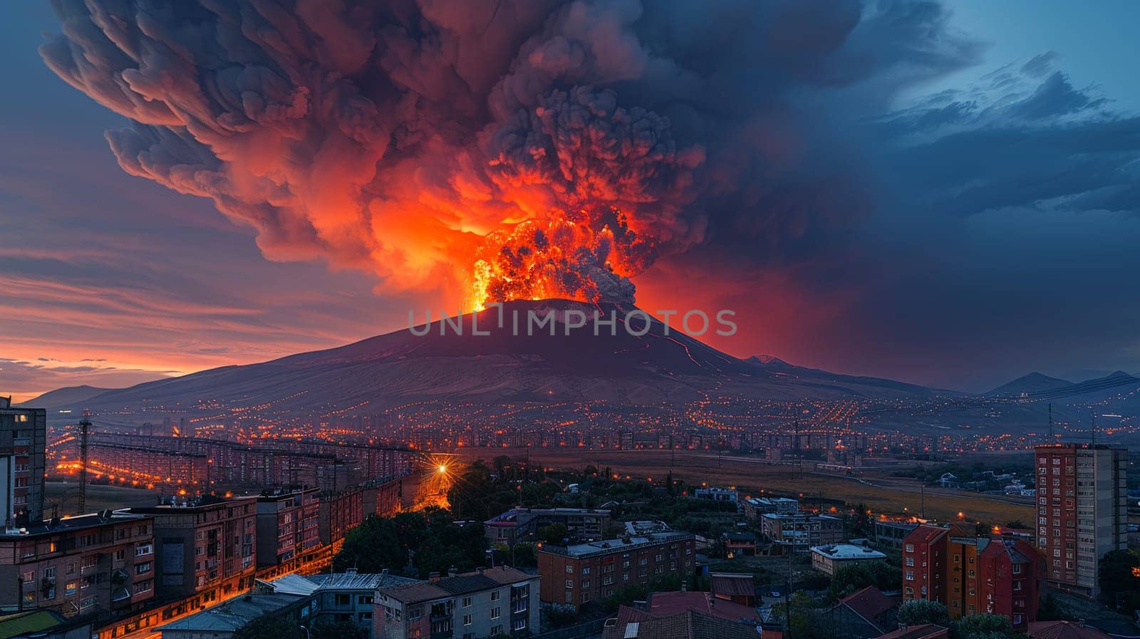 Captivating image showing a volcanic eruption towering over a city at dusk, highlighting the contrasts between urban life and natural forces