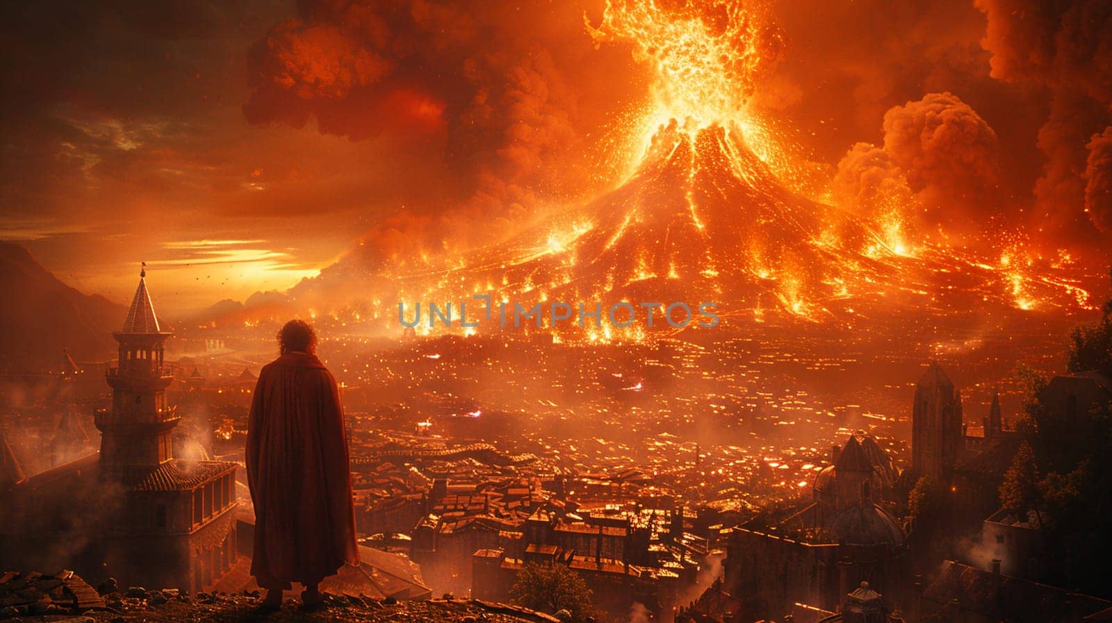 Dramatic scene as man in red cloak watches volcanic eruption devastating historic city under fiery skies. Generative AI