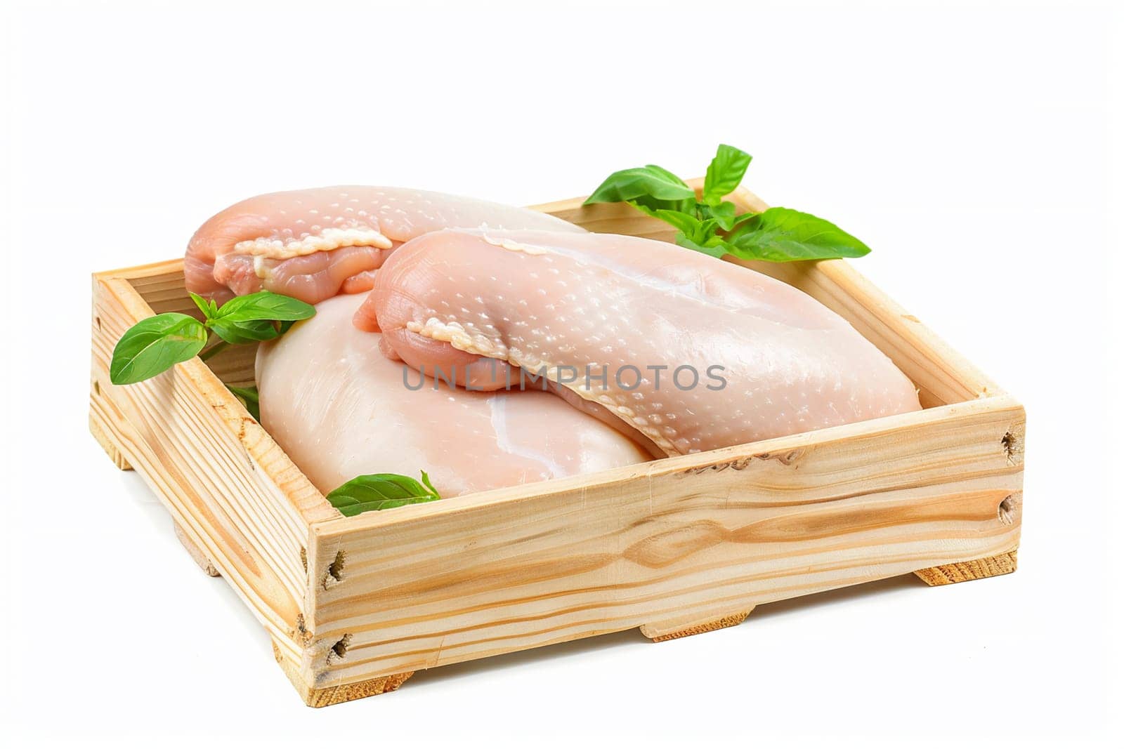 High-quality image showing two fresh raw chicken breasts basil leaves wooden tray, perfect for culinary projects.