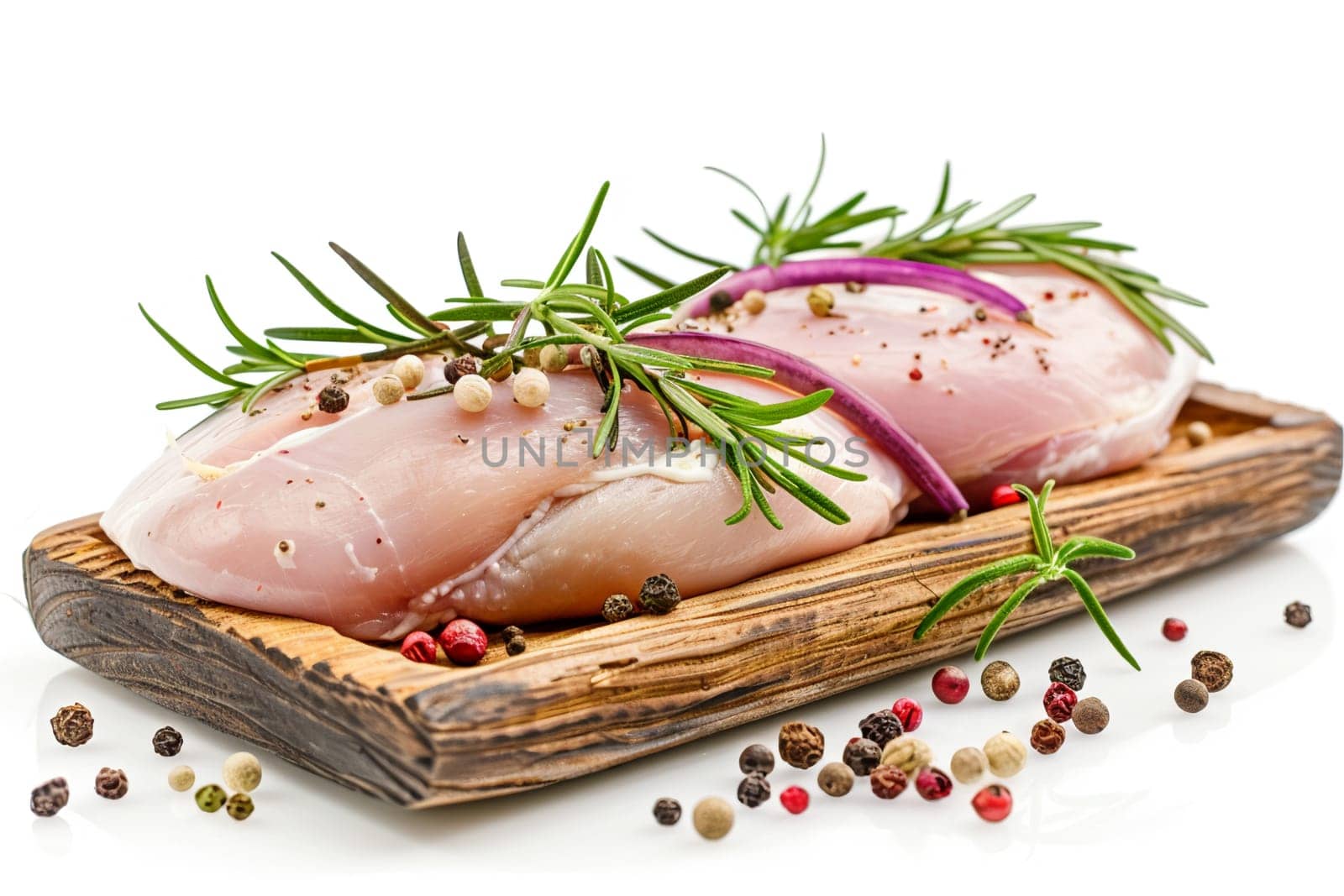 High-quality image features fresh chicken breasts seasoned red onion rosemary pepper. Perfect for showcasing ingredients used gourmet healthy meals.