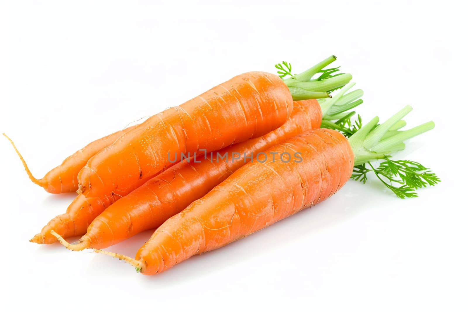 Three fresh, organic carrots, vibrantly colored, isolated over white background, ideal for healthy cooking and dietary needs.