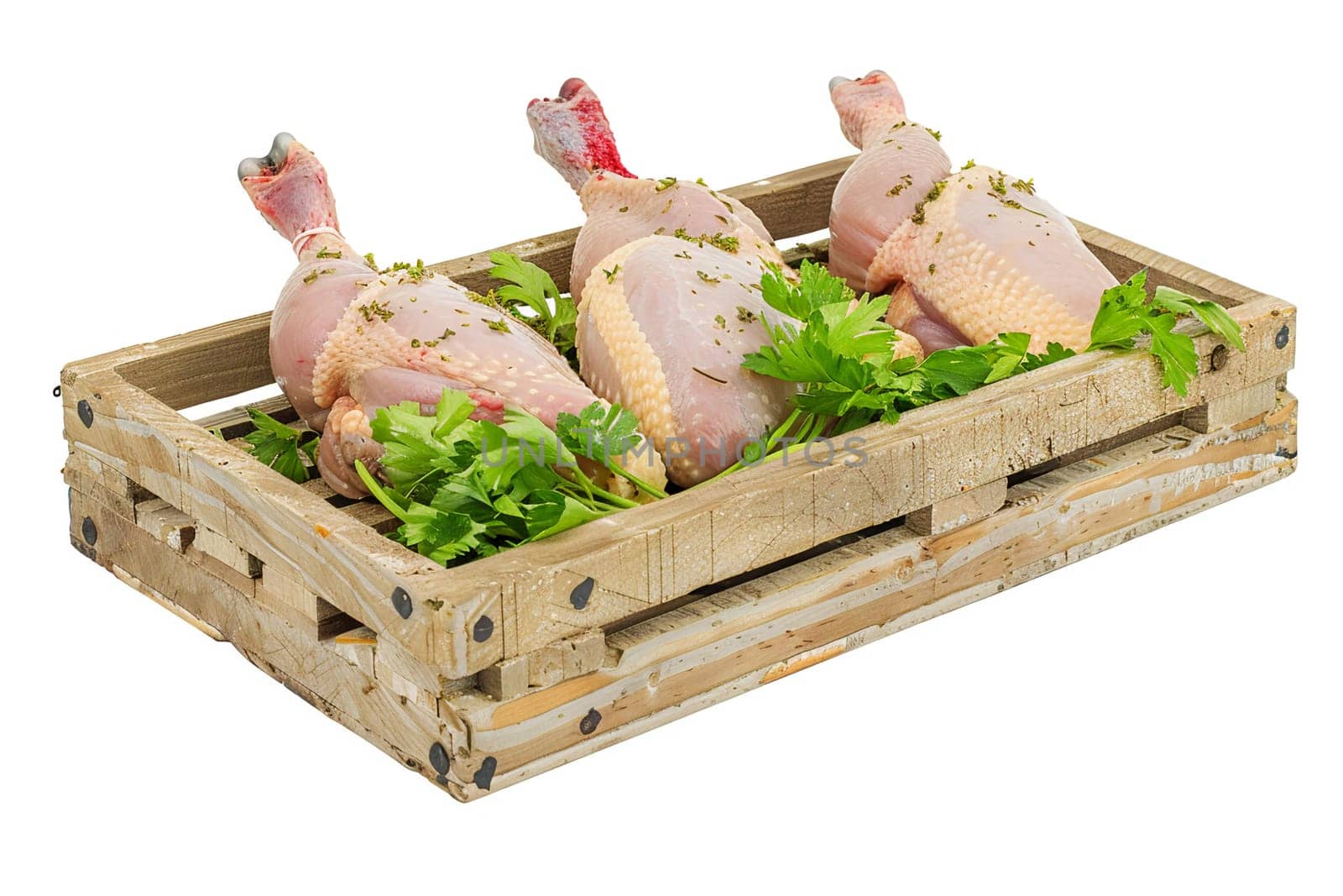 Three fresh chicken legs seasoned with herbs wooden crate isolated. Perfect for culinary projects focusing on homemade, nutritious meals.