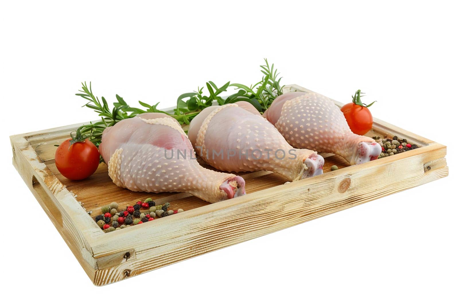 Raw chicken legs with fresh rosemary, tomato, black peppercorns on wooden tray, perfect preparation for culinary dishes, high-quality poultry farming.