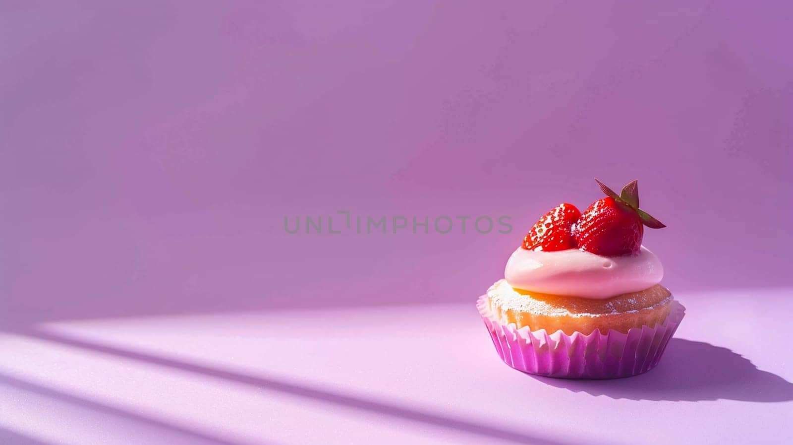 Close-up of a strawberry cupcake topped with cream, set against a vibrant purple background. Ideal image for bakery marketing and sweet delicacy.